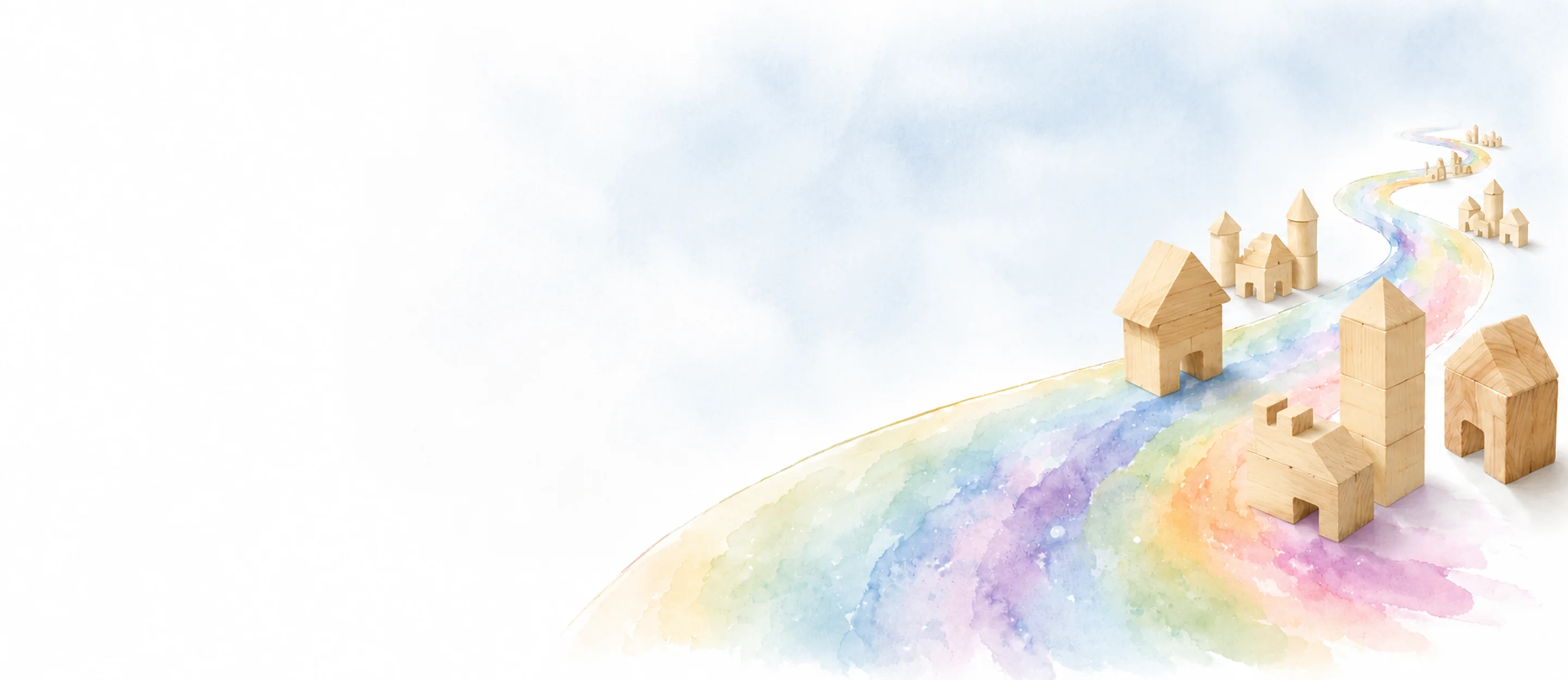 木の家の積み木が虹色の道の上に並ぶイラスト