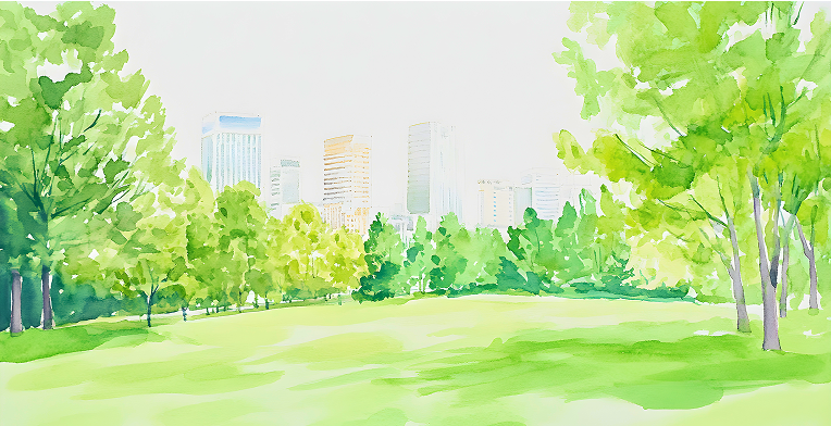 緑の公園と街並みの水彩イラスト
