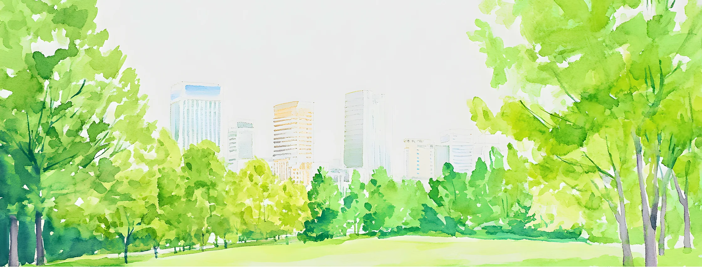 緑の公園と街並みの水彩イラスト